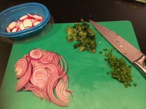 Sliced Onions, Radishes, Chiles and Cilantro for the Slaw